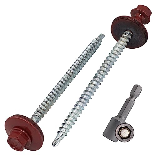 SKIR'CO (50 uds) Tornillos para techos pintados 4,8 x 80 mm, cabeza hexagonal tornillos autoperforantes con arandelas de EPDM (rojo óxido, RAL 3009)