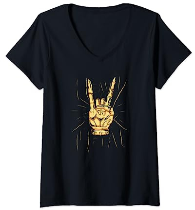 Damen Hard Rock Heavy Metal Pommesgabel Teufelsgruß T-Shirt mit V-Ausschnitt