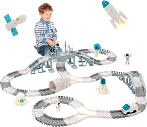 Spaceshuttle Autorennbahn Rennbahn Track für Kinder, Weltraum Autorennbahn Spielzeug mit 2 Astronauten, 336pcs Rennbahn Spielzeugset für Kinder mit 3 Raumfahrzeug, Kinderauto Geschenk