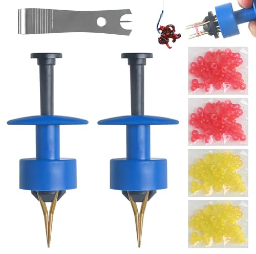 Realure 1100 Anelli con Micro Esche Rosse in Gomma Gialla, con 2 Pezzi di Pellet Bait Bander, Accessori da Pesca per Il Fissaggio Rapido di Esche, Pellet, Falena d'Api, Verme (Blu)