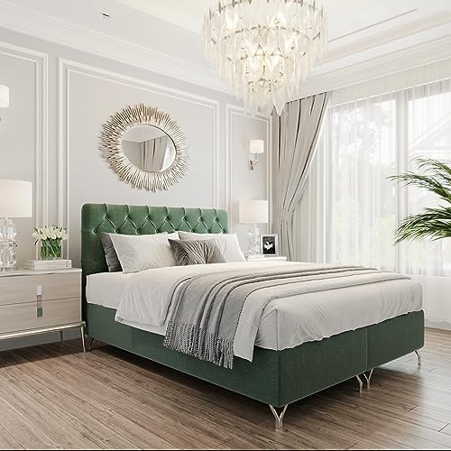 FURNISTAR Boxspringbett GracePLUS 160x200 Grün Doppelbett Bett mit Bonellmatratze Topper und Bettkasten Glamour Polsterbett mit silbernen 12 cm Beinen Modern Schlafzimmer Vintage Schlafzimmerbett