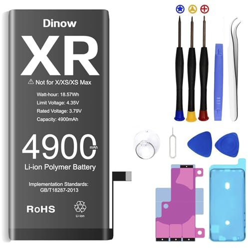 Batterie pour iPhone XR, 4900mAh Batterie Interne pour iPhone XR(A2105, A1984, A2107, A2108) Batterie Li-ION Polymère Haute Capacité Remplacement avec Tous Les Outils de Réparation