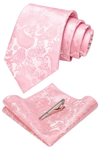 JEMYGINS Hell-Pink krawatte Paisley Seide Herren Krawatten und Einstecktuch mit krawattenklammer Sets