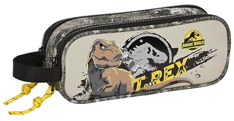 Safta Jurassic World Warning - Portatodo Doble Niño, Estuche Infantil, Estuche Niño, Ideal para Niños en Edad Escolar, Cómodo y Versátil, Calidad y Resistencia, 21x6x8 cm, Color Gris
