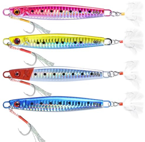Señuelos de Pesca de Mar de Hundimiento Profundo, WASAGA 4 Piezas 60g/80g/100g/120g/150g/180g Cebo de Pescado Giratorio de Mar de Metal Duro para Atún, Salmón Mero y Señuelo de Jigging
