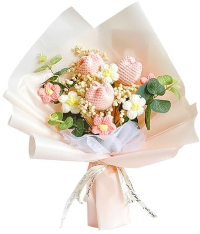 Chordobe Crochet Flower Tulip Bouquet: Handmade Artificial Flower Knitted Sunflower Bouquet for Festival Wedding Graduation Anniversary (Pink)