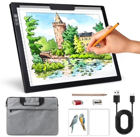 Zocelight Wiederaufladbare A4 Leuchttisch mit Tasche, Licht pad mit integriertem Stand & Clip, 6 Ebenen der Helligkeitsschachtel,Kabelloses Lichtplatte für Zeichnen, Skizzieren, Tattoo,Diamantmalerei
