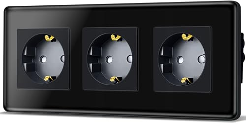 TAWOIA Schuko Steckdose, EU-Standard 3 Fach Unterputz Mit 2,5D Gebogenes Glas Platte, Wandsteckdosen Schwarz 86 * 228mm