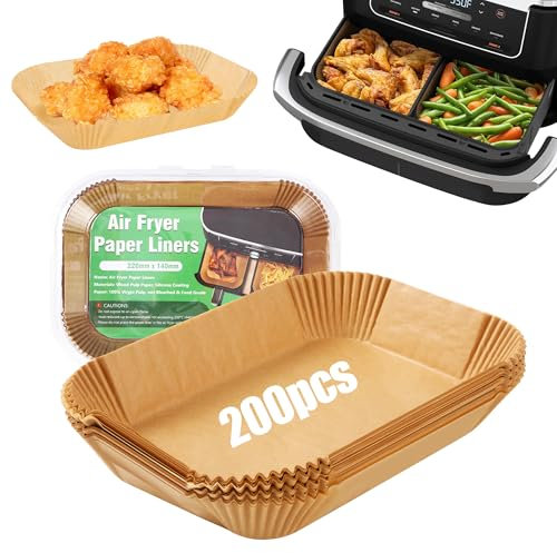 Backpapier für Heißluftfritteuse, Rechteckig Airfryer Backpapier, 200-teiliges Set Air Fryer Baking Paper, für Ninja AF300EU, AF400EU, AF400EUCP, und Anderen Heißluftfritteuse Backpapier
