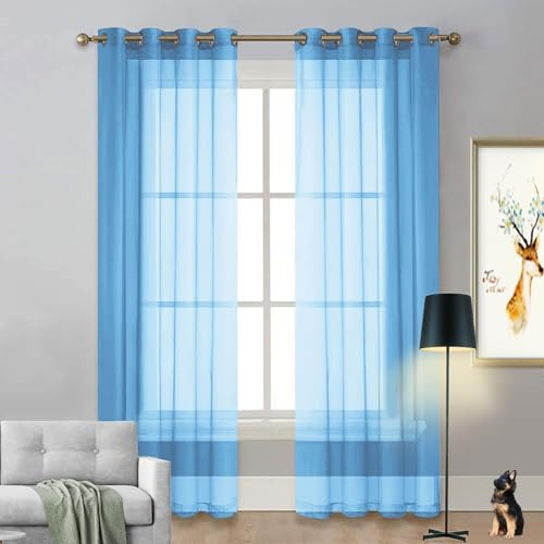 LIUNADM Voile Scheibengardine 250 x 175 cm Polyester, mit Ösen Transparent Küchenvorhang Blickdicht Kurz Küchengardinen für Küche Büros Wohnzimmer Schlafzimmer, Himmelblau