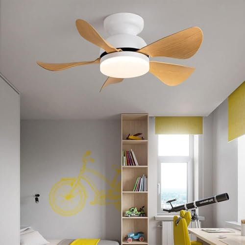 GYDUHYE 32 Inch Modern Outdoor Ceiling Fan Light Dimmable Flush Mount Ceiling Fan Lamp 6 Speed Remote Ceiling Fans with Lights 5-Blades for Bedroom Farmhouse Ceiling Fan Light(Color:White+wood)