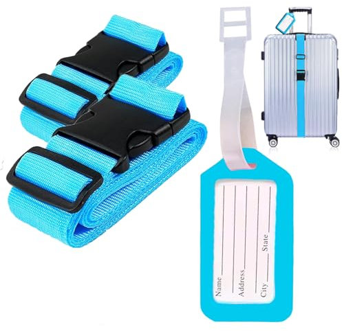 kofferband - koffergurte 2 stück - koffergürtel Blau Premium-Qualität - kofferband auffällig + Inkl. 2 Namensschildern - Gepäckband ideal über Kreuz