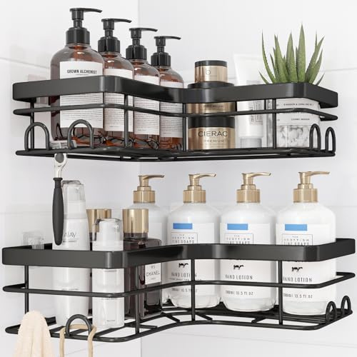 Kitsure Corner Shower Caddy, Rustproof Adhesive Shelf, X-Large, Black | 2 Pack Corner Shower Shelves with 4 Hooks, Drill-Free Adhesive Mount, Large Capacity Bathroom Storage, Quick Drain & Durable