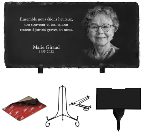 ETERNEL - Personalisierte Gedenktafel mit mehreren Trägermaterialien, zum Einpflanzen oder Aufkleben, Schiefer oder Granit, zum Aufstellen, Foto und Text nach Wahl, Grabplatte, Grabstätte, Verstorbene