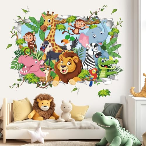 wondever Wandtattoo 3D Safari Tiere Wandsticker Dschungel Tiere Blätter | Abziehen und Aufkleben, Abziehbar, Wandaufkleber Selbstklebend für Kinderzimmer Babyzimmer Schlafzimmer Wanddeko