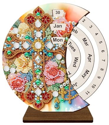 Lebartm DIY Diamond Perpetual Calendar Diamond Art Painting Wooden Manual Rotating Calendar Ornament Desk Round Perpetual Calendar Single Sided Diamond Tabletop Ornaments for Home Decor-Cross