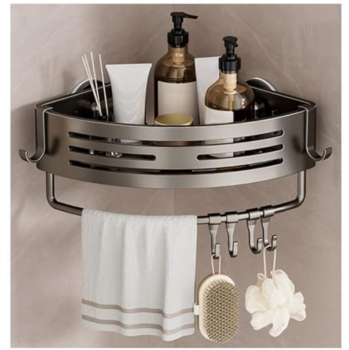 ANMEISH Suction Cup Shower Caddy, Aluminium Corner Bathroom Shelf, No-Drilling Tidy Shower Organizer with Towel Bar and Hooks, Removable Wall Mounted for Shampoo Razors(Grey)