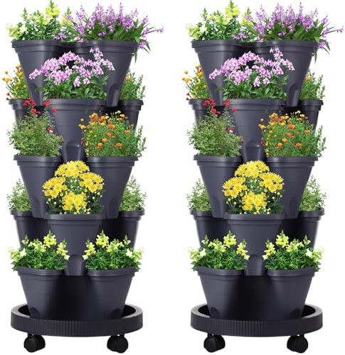Umigy Stapelbare Pflanzgefäße mit 5 Ebenen, vertikal, für Erdbeeren, Kräuter, Blumen und Gemüse, für drinnen und draußen, Gartentöpfe mit abnehmbaren Rädern und Boden, Grau, 2 Stück