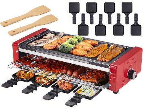 Raclette Grill Electric, Indoor Griddle Machine for Raclette Cheese Dishes Cooking Party - Electric Smokeless BBQ Grill with 8 Cheese Pans