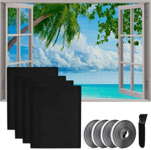 AUNHOKE 4 St. Selbstklebend Fliegengitter Insektenschutz Fenster 130x150cm | Selbstklebendem Klebeband und Presser, Fliegengitter für Fenster Hält Käfer/Fliegen/Mücken Drauße