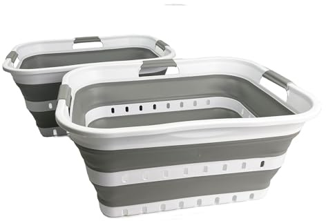 SAMMART 42L (11 gallons) Set of 2 Plastic Foldable Storage Basket/Container - Collapsible, Space Saving and Portable Laundry Hamper, Ideal for Home, Travel, Dorm, and Camping (2, White/Grey)