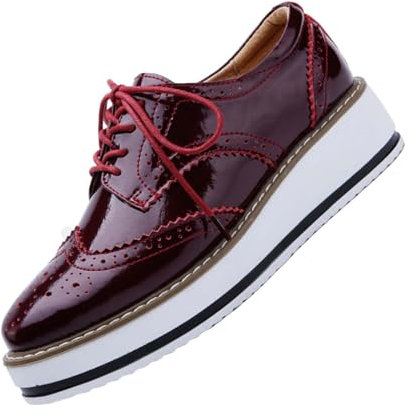 Zapatos Oxford de plataforma para mujer, clásicos, gruesos, de cuero, con punta redonda, con cordones, zapatos de vestir, transpirables, cómodos, brillantes, vino, 40 EU