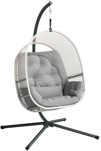 Outsunny Hängesessel mit Gestell, Eiförmiger Hängeschaukel mit weichem, tiefem Kissen, Sitzpolstern, Hängematte für den Außenbereich Schaukelsessel Outdoor, Terrasse, Garten, Hellgrau