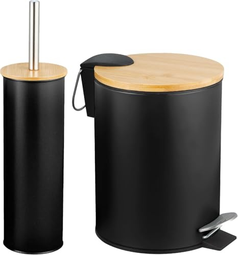 Amig - Set aus Mülleimer und WC-Bürstenhalter Naturline - Ø168 x 230 mm - Edelstahl und Bambus - Farbe Schwarz - Praktisches und stilvolles Bad-Set - Perfekt für eine anspruchsvolle Einrichtung