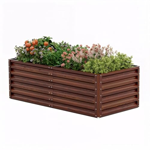 Amopatio Bancal de Metal, Jardinera elevada para jardín, 180 x 90 x 60 cm, Kit de bancal Alto para Verduras, Flores, Hierbas, macizos de Flores y macetas, Grano de Madera