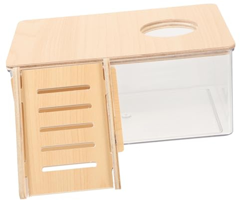 Acryl Hamster Sandbadewanne Transparente Kasten mit Holzleiter für Käfig | Beige, Einfache Elegante Optik, Wiederverwendbar, für Rennmäuse und Kleine Tiere im Gehege