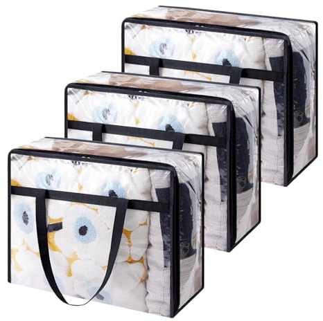 Aurafly 3 Stück Unterbett Aufbewahrungsbox, 60L Transparente Aufbewahrungstasche, Heavy-Duty Umzugskartons mit Reißverschluss Griff, Faltbar Aufbewahrungsbox für Kleidung Bettdecken Bettwäsche