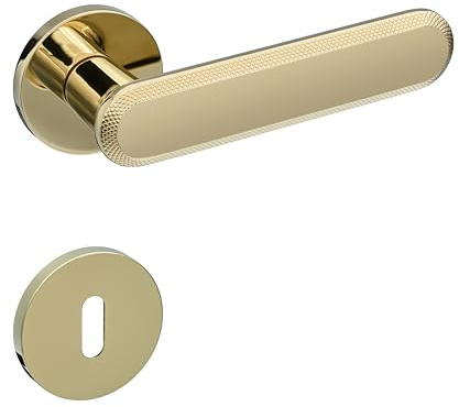Gavroche Türgriffe Set BB Buntbart | Türklinken für Innentüren in glanz Gold Optik | Drückergarnitur für Zimmertür mit runder Rosettengarnitur aus Zink | Türbeschlag in L-Form