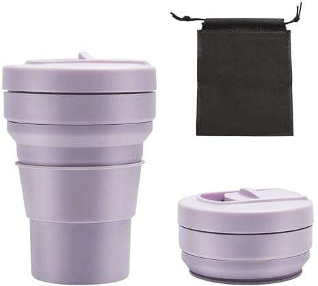 KQDRAVINE Vikbar resemugg 355 ml, To Go kaffemugg med lock och sugrör, återanvändbar och diskmaskinssäker, perfekt för camping, kontor och på språng (lila)
