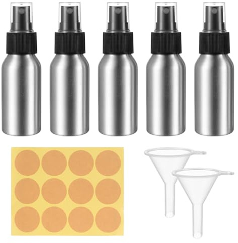 5 Pcs Bote Spray Pulverizador, 50 ml Atomizador Botella de Spray de Aluminio, sSpray Bottles Vacíos Rellenables con Bomba, para Aceites Esenciales Líquidos Cosméticos, con 2 Embudos, 1 Pegatina