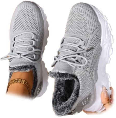 Zapatillas ortopédicas para mujer con forro de vellón para el invierno, ligeras con cordones, entrenadores ortopédicos de cuña ancha con soporte de arco, zapatillas atléticas, gris claro, 44 EU