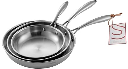 SANFELA 3-teiliges 20/24 / 28 cm Edelstahl-Bratpfannenset | 5-lagige Edelstahlpfanne, spülmaschinen- und ofenfest, Induktionspfanne, Frei von PTFE, PFAS und PFOA