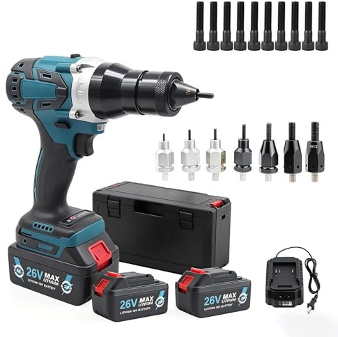 Kit De Remachadora De Tuercas Inalámbrica 26V Remachadora Automática Eléctrica Sin Escobillas Con 2 Baterías Y Cargador 5200 MAh, Mandriles M3-M12, Juego De Remachadora De Tuercas Ciegas