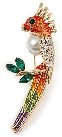 Broche perroquet multicolore en métal doré en émail et cristal – 70 mm de haut, taille unique, émail, diamante Fausses perles.