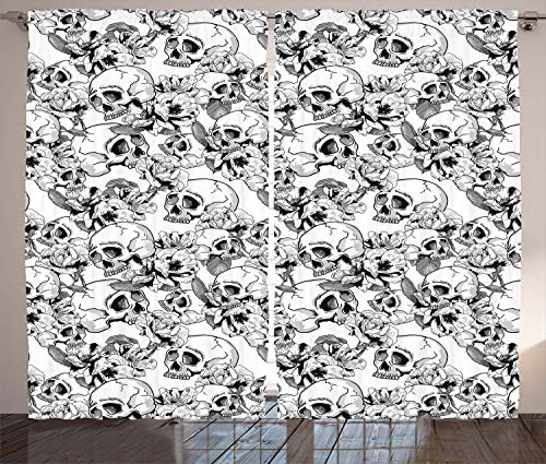 ABAKUHAUS Feier Rustikaler Vorhang, Sketch Toten Schädel, Wohnzimmer Universalband Gardinen mit Schlaufen und Haken, 280 x 245 cm, Schwarz Weiß