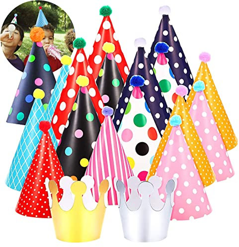 Osuter 44 Pezzi Cappellini Festa Compleanno con Pompon Cappello di Carta Cono Colorati Cappellini per Bambini e Adulti Feste Compleanno Decorazione