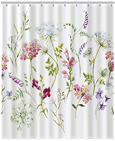 PKQWTM Duschvorhang mit floralem Muster, Wildblumen, rosa Stiefmütterchen, weiß, Queen Anne's Spitze, Polyester, 152,4 x 183,9 cm