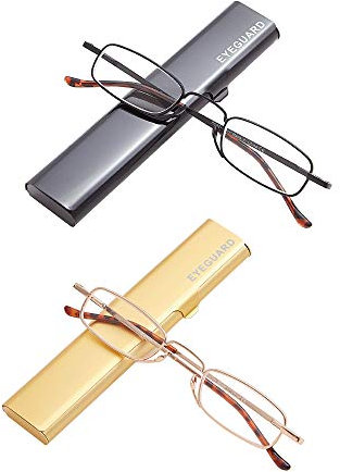 EYEGUARD Schmale Lesebrille, kompakte Mini-Lesebrille, superleichtes Metall, Taschenlesebrille mit tragbaren Etuis für Herren und Damen, 2 Paar (+ 2,00 Vergrößerung)