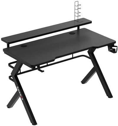 huzaro Hero 5.0 Gaming Tisch - Schreibtisch Computertisch - 120x60 cm | Bürotisch - Monitorständer - Kopfhörerhaken Getränkehalter - Zwei Kabeldurchführung - Carbon Tischplatte - Gamer – Schwarz