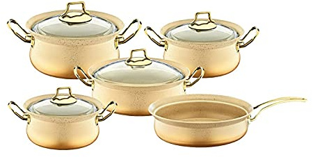 OMS Cookware Non Stick Granite Copper Set Ball Shape Set Cream Gold Glass Lids Casserole Pan Pot Frying Pan 9 Piece Cookware Set - Essential, Pots and Pans Set - 3045 - Made in Turkey