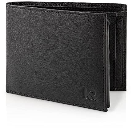 KRONIFY Cartera para Hombres | Billetera de Cuero Genuino con Protección RFID | Compartimento para Monedas | 13 Compartimentos para Tarjetas | Costura Reforzada | Formato Horizontal | Nappa Negro
