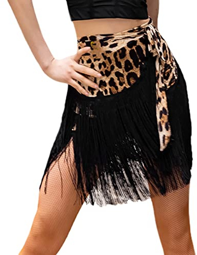 Jupe de danse latine pour femme Salsa Tango Pompon Skate Wrap Écharpe Danse, Léopard noir., Taille Unique