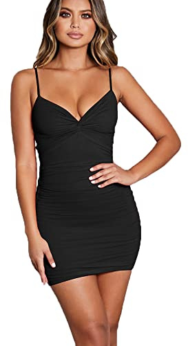 BKEPDY Vestido Tirantes Mujer Verano Corto Ajustado Escote V Vestidos de Fiesta Elegantes Bodycon Mini Vestido Fruncido Ropa para Coctel Noche Ceremonia