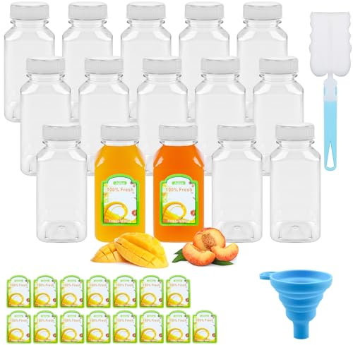 CoKeeSun 250ml Shot Flaschen zum Befüllen, 15 Stk Leere Plastikflaschen | Wiederverwendbare Smoothie Saftflaschen, mit Trichter,Pinsel,Aufkleber, Transparent für Kühlschrank Juicer Shots Wasser Milch