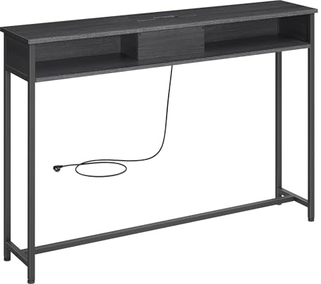 VASAGLE Consolle Ingresso, Tavolo Consolle con Multipresa, Tavolo da Divano, 2 Scomparti, Salvaspazio, 25 x 120 x 81 cm, per Ingresso Soggiorno Salotto, Grigio Antracite e Nero Inchiostro LNT111B01