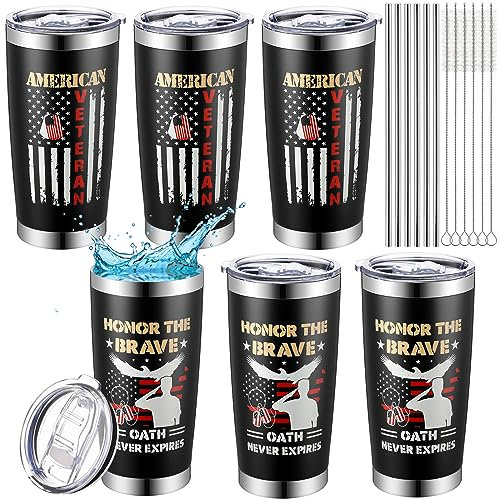 Sliner Confezione da 6 bicchieri da viaggio per veterani da uomo, con bandiera americana, bicchiere da caffè dell'esercito americano, tazza da 590 ml, in acciaio inox, isolata, per compleanno, Natale,